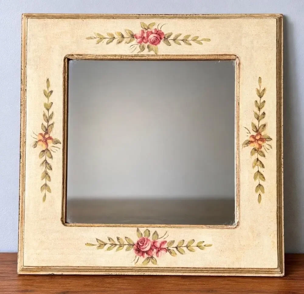 Vintage Hand-Painted Rose Floral Mirror, Cottagecore Shabby Chic Wall Decor